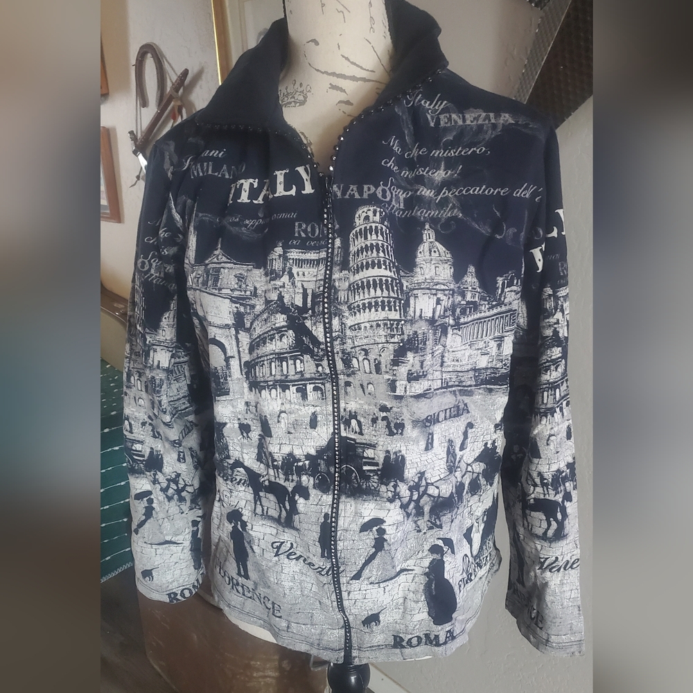 Jess & Jane Zipper Black and White Graphic Jacket L #114
